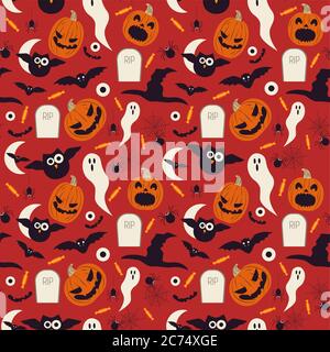 Vektor-Illustration von Halloween nahtlose Muster mit Eulen, Kürbisse, Grabsteine, Leckereien und Fledermäuse Stock Vektor