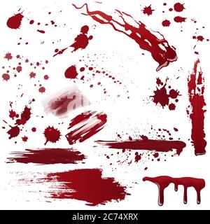 Set von verschiedenen Blut- oder Farbspritzern. Realistische Vektordarstellung Stock Vektor