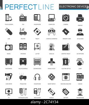 Schwarze klassische elektronische Geräte Symbole isoliert gesetzt Stock Vektor