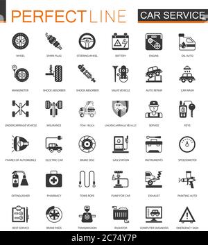 Schwarzes Classic Car Service Icon Set. Reparatur, Auto Details Symbole isoliert Stock Vektor