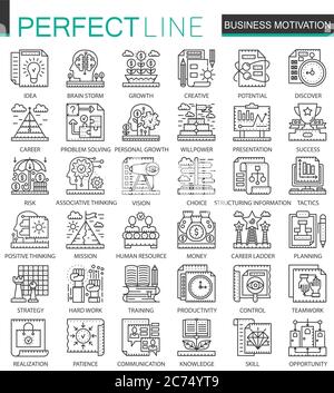 Business Motivation und Disziplin skizzieren Mini-Konzept Symbole. Moderne Strichlinie lineare Stil Illustrationen Set. Perfekte dünne Linien Symbole Stock Vektor
