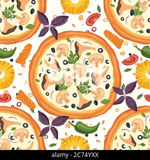 Italienische Käse Pilz Pizza Vektor-Illustration mit Pfifferlingen und Champignons. Köstliche leckere Snack nahtlose Muster mit Zirbelbaum, Tomaten, Pfeffer und Oliven, Flat-Design. Stock Vektor