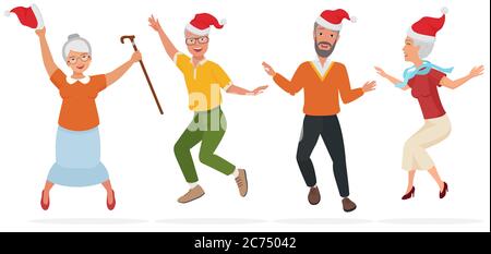 Vektor-Illustration von erwachsenen Menschen in Weihnachtsmützen Spaß, Tanzen und Springen isoliert Stock Vektor