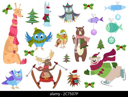 Set von entzückenden Tieren und Fisch mit bunten Dekorationen Stock Vektor