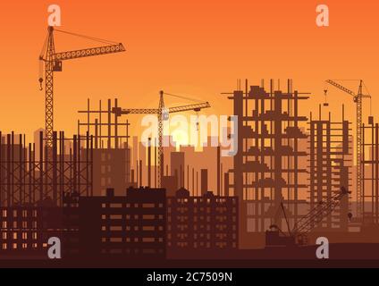 Turmdrehkrane auf der Baustelle in Sonnenuntergang. Gebäude im Bau bei Sonnenaufgang. Silhouette der Stadt Silhouette Vektor Illustration Stock Vektor