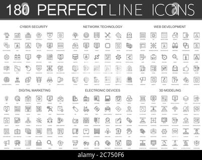 180 moderne dünne Linie Symbole Satz von Cyber-Sicherheit, Netzwerktechnologie, Web-Entwicklung, digitales Marketing, elektronische Geräte, 3d-Modellierung isoliert. Stock Vektor