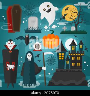Vektor-Illustration von Vampir, Burg, Tod, Geist und andere Horror verschiedene Dekorationen und Zeichen zu Halloween gewidmet Stock Vektor