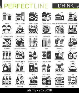 Getränke und Getränke klassisch schwarz Mini-Konzept Symbole. Vektor Drink Moderne Icon Piktogramm Illustrationen Set Stock Vektor