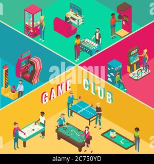 Game Club Cutaway Innenraum Vektor flach 3d isometrische Illustration. Stock Vektor