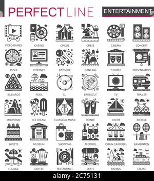 Entertainment Classic schwarz Mini-Konzept Symbole. Moderne Icon Piktogramm Vektor Illustrationen Set Stock Vektor
