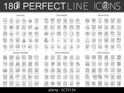 180 skizzieren Mini-Konzept Symbole Symbole der Schule, Schreibwaren, Bildung, Online-Training, Gehirn Mind Prozess, Data Science Symbol isoliert. Stock Vektor