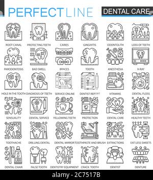 Zahnpflege skizzieren Mini-Konzept Symbole. Moderne Strichlinie lineare Stil Illustrationen Set. Perfekte dünne Linien Symbole Stock Vektor