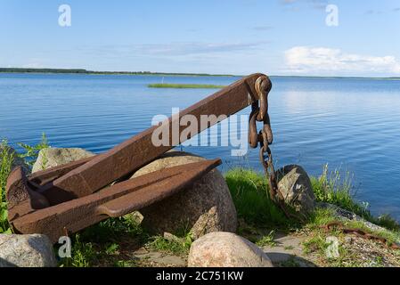 Großer rostiger alter Anker an der felsigen ostseeküste. Stockfoto