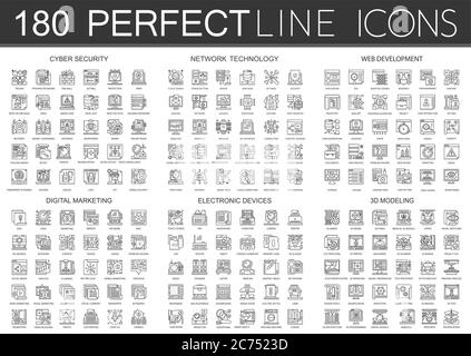 180 skizzieren Mini-Konzept Infografik Symbol Symbole der Cyber-Sicherheit, Netzwerktechnologie, Web-Entwicklung, digitales Marketing, elektronische Geräte, 3d-Modellierung isoliert. Stock Vektor