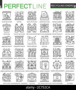 Recycling Energie skizzieren Mini-Konzept Symbole. Erneuerbare Energie, grüne Technologie moderner Strich lineare Stil Illustrationen Set. Perfekte dünne Linien Symbole Stock Vektor