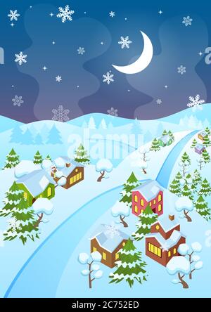 Vektor-Illustration von Cartoon Winter Dorf und Straße bei Nacht. Ansicht von oben. Weihnachtsstadt bei Nacht Stock Vektor