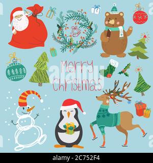 Vektor-Illustration von Tieren, Weihnachtsmann und verschiedene Dekorationen für Weihnachten Stock Vektor