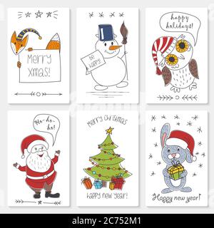 Vektor-Illustration von weißen Papierkarten mit Tieren, Weihnachtsbaum und Weihnachtsmann mit Grüßen. Weihnachtspostkarten zum Neujahr Stock Vektor