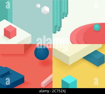 Isometrische Schablone für Deckeldesign. Geometrie einfaches Design mit verschiedenen einfachen Figurenelementen für Broschüre, Flyer, Produktpräsentation, Poster und etc Stock Vektor