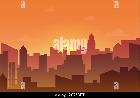 Skyline der Stadt bei Sonnenuntergang. Skyscappers, Türme und Büro in schmutzigen Nebel Vektor-Illustration Stock Vektor