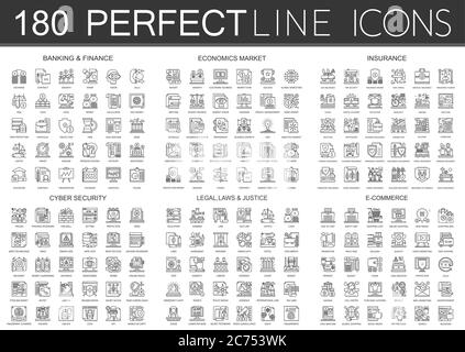 180 skizzieren Mini-Konzept Infografik Symbol Symbole der Finanzen Banking, Wirtschaft Markt, Sicherheit, Cyber-Sicherheit, Rechtsgesetze und Justiz, E-Commerce isoliert. Stock Vektor