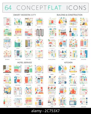 Infografiken Konzept Ikonen der Smart City, Bau, Hostel-Service, Küche. Premium-Qualität Vektor-flaches Design für Web-Grafiken isoliert. Stock Vektor