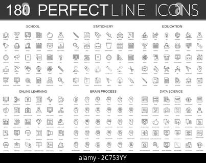 180 moderne dünne Linie Symbole Satz von Schule, Schreibwaren, Bildung, Online-Lernen, Gehirn-Prozess, Data Science isoliert Stock Vektor
