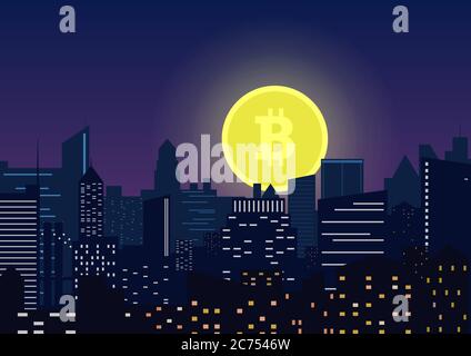 Mond Bitcoin Symbol steigt aus der modernen Nacht Stadt Stock Vektor