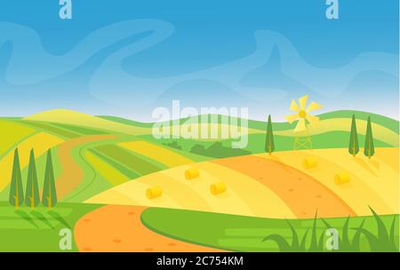 Ländliche schöne Landschaft. Felder und Hügel bei Sonnenaufgang Vektordarstellung Stock Vektor