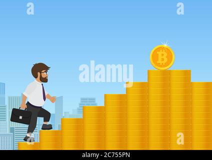 Geschäftsmann, der auf der goldenen Münztreppe zu Bitcoin Kryptowährung geht. Cartoon Konzept Vektor Illustration Stock Vektor