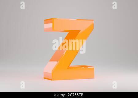 Neon 3d Buchstabe Z Großbuchstaben. Gelber Neon-Buchstabe isoliert auf weißem Hintergrund. Glänzendes gelbes Neon-Leuchtendes Alphabet. 3d-gerendertes Schriftartzeichen. Stockfoto