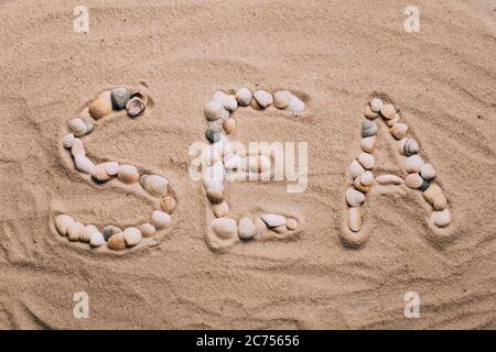 Die Inschrift MEER wird durch Muscheln auf dem Sand gemacht. Sommer, Urlaubskonzept. Stockfoto