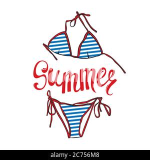 Sommerrabatte. Vektor-Illustration mit Inschrift, Klappen, Schwimmkreis und Sonnenschirm. Urlaub und Reisen. Stock Vektor