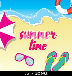 Sommerrabatte. Vektor-Illustration mit Inschrift, Klappen, Schwimmkreis und Sonnenschirm. Urlaub und Reisen. Stock Vektor