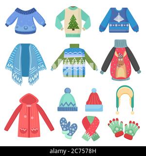 Set von weihnachten Design warme Winterkleidung. Schal, Winterhut, Mantel und Hüte, Jacke und Handschuhe. Winter Mode Vektor Illustration Stock Vektor