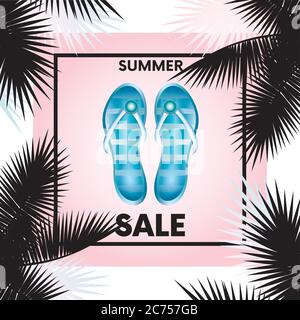 Sommerrabatte. Vektor-Illustration mit Inschrift, Klappen, Schwimmkreis und Sonnenschirm. Urlaub und Reisen. Stock Vektor