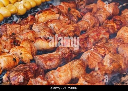 Große Stücke Schweinefleisch auf Spieße werden über heiße Kohlen gekocht. Kebab mit Gewürzen bestreut wird auf einem Holzkohlegrill gebacken. Appetitlich leckeres Street Food Stockfoto