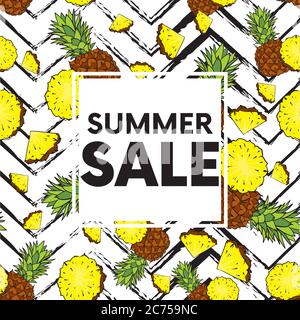 Vorgefertigte Gestaltung von Postkarten mit Ananas und geometrischen Elementen. Vektorgrafik. Sommer. Stock Vektor