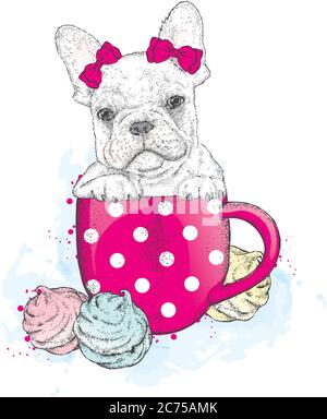 Französische Bulldogge in einer Tasse. Tasse und Marshmallows. Vektorgrafik für Grußkarte, Poster oder Druck auf Kleidung. Niedlicher Welpe. Stammbaum Hund. Stock Vektor