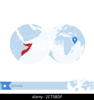 Somalia auf der Weltkugel mit Flagge und regionaler Landkarte von Somalia. Vektorgrafik. Stock Vektor
