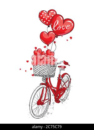 Ein Fahrrad mit einem Korb von Herzen und Ballons in Form eines Herzens. Valentinstag und Liebe. Vektorgrafik für eine Postkarte oder ein Poster. Stock Vektor