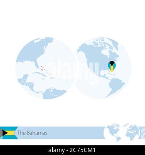 Die Bahamas auf der Weltkugel mit Flagge und regionaler Karte der Bahamas. Vektorgrafik. Stock Vektor