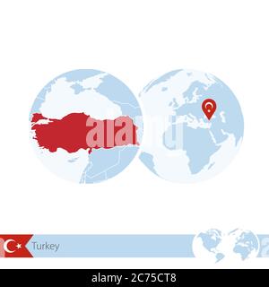 Türkei auf Weltkugel mit Flagge und regionaler Landkarte der Türkei. Vektorgrafik. Stock Vektor