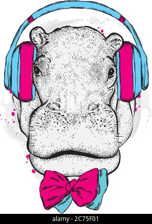 Lustiges Hippo in Brille und Hut. Vektorgrafik für eine Karte oder ein Poster. Drucken auf der Kleidung. Mode & Style. Stock Vektor