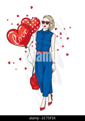 Schönes Mädchen in einem Kleid, High-Heels Schuhe und mit aufblasbaren Kugeln. Vektor-Illustration für Postkarte oder Poster, Druck für Kleidung. Mode & Style Stock Vektor