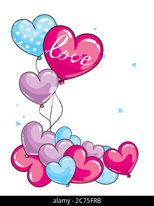 Viele rote Ballons in Herzform. Bälle am Himmel. Vektorgrafik. Valentinstag. Stock Vektor