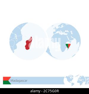 Madagaskar auf Weltkugel mit Flagge und regionaler Landkarte von Madagaskar. Vektorgrafik. Stock Vektor