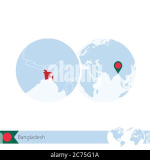 Bangladesch auf der Weltkugel mit Flagge und regionaler Landkarte von Bangladesch. Vektorgrafik. Stock Vektor