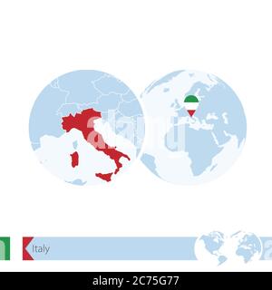 Italien auf Weltkugel mit Flagge und regionaler Karte von Italien. Vektorgrafik. Stock Vektor