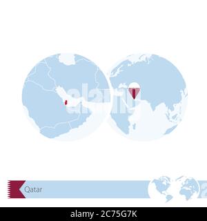 Katar auf Weltkugel mit Flagge und regionaler Landkarte von Katar. Vektorgrafik. Stock Vektor